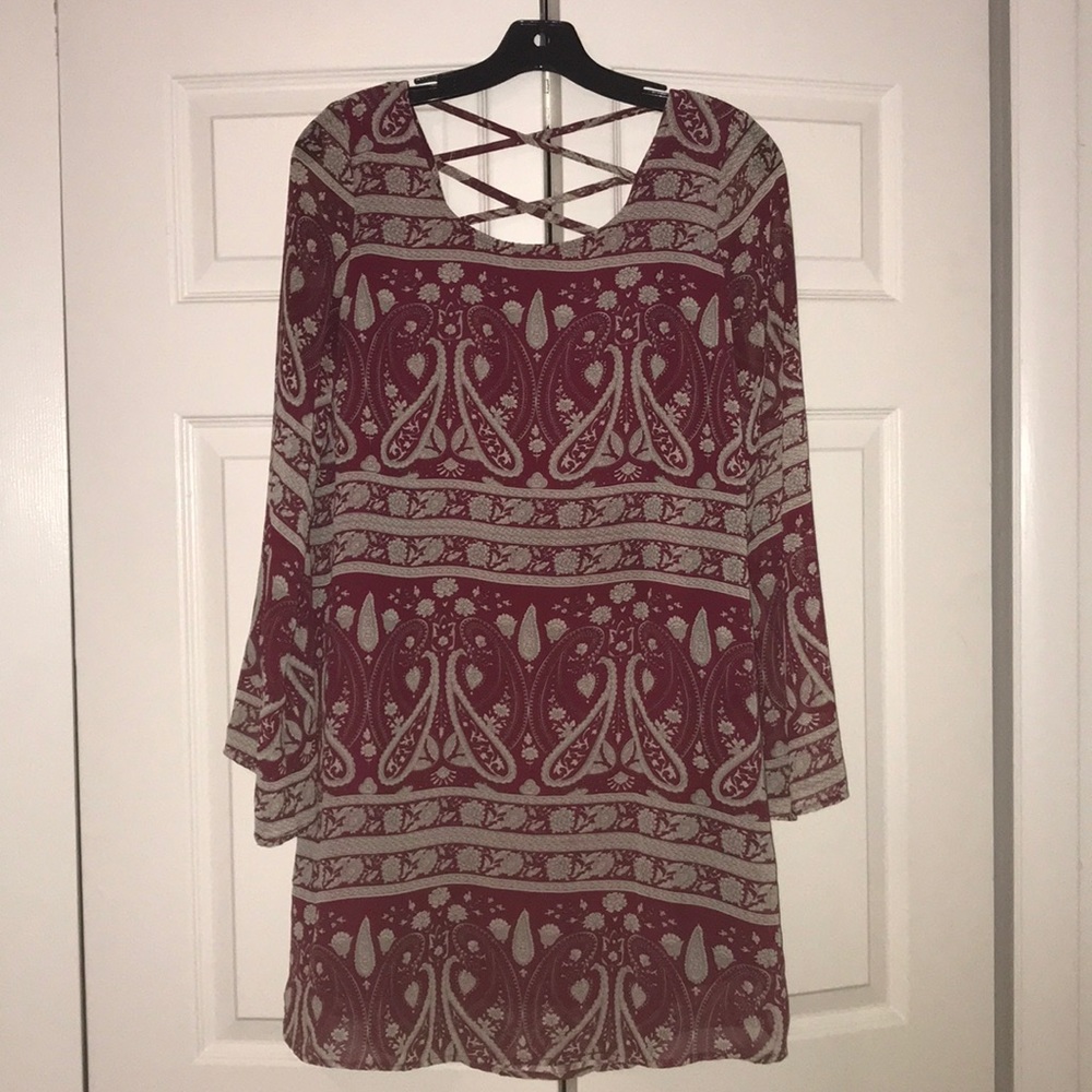 Dark red and beige long sleeve dress